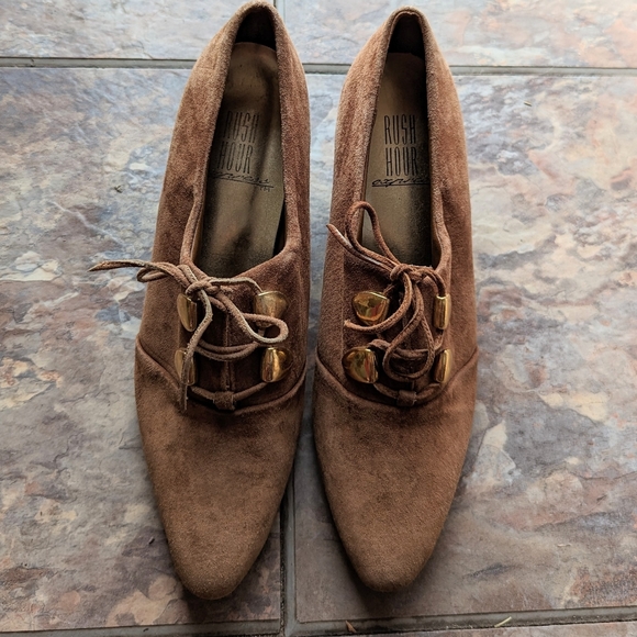 vintage SUEDE LACE UP HEELS 1980's 80's 8 - Picture 2 of 7